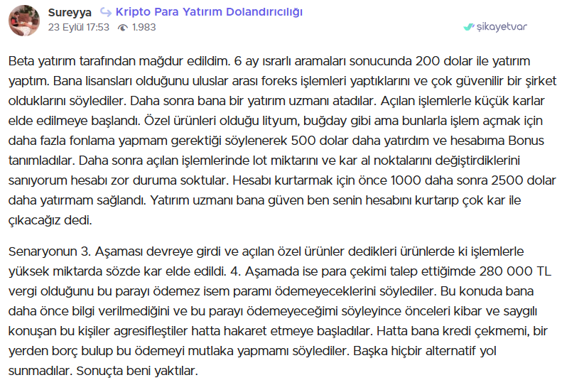 beta yatırım şikayet