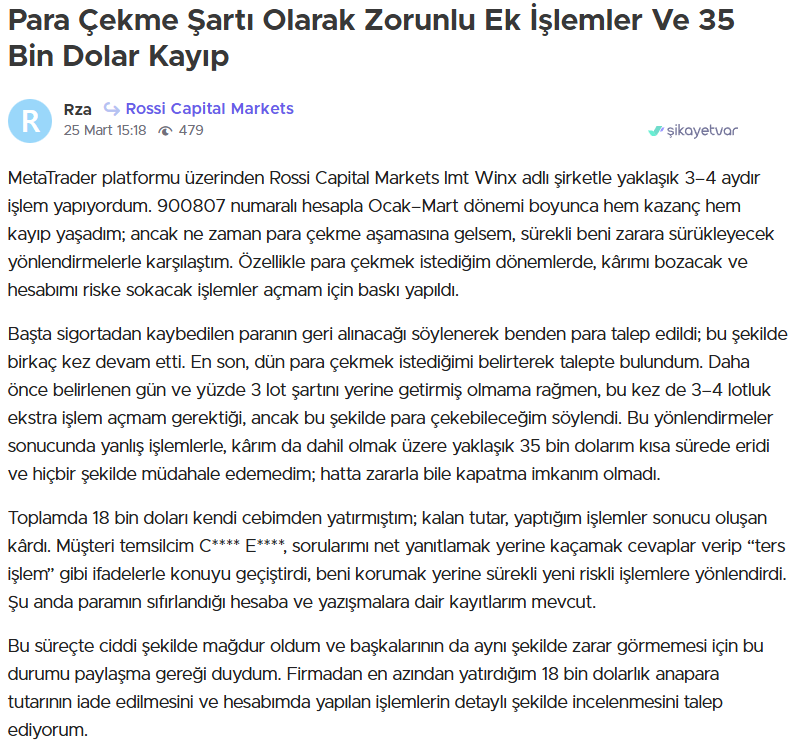 rossi capital markets şikayet