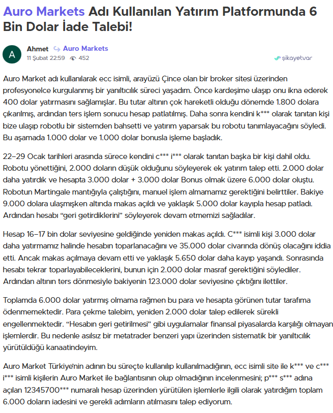 auro markets şikayet